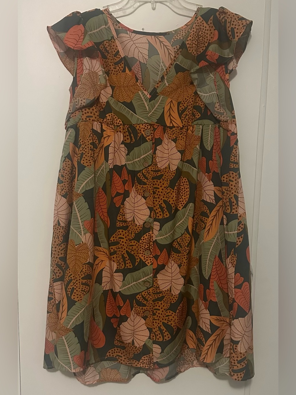 SHEIN Olive Botanical Flutter-Sleeve Dress with Rust Accents